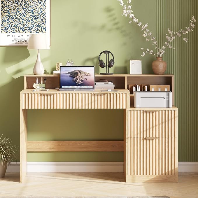 Vabches Fluted Computer Desk with Power Outlets, Home Office Desk with Drawers, Printer Stand, Wood Computer Desk with Long Monitor Stand, Oak