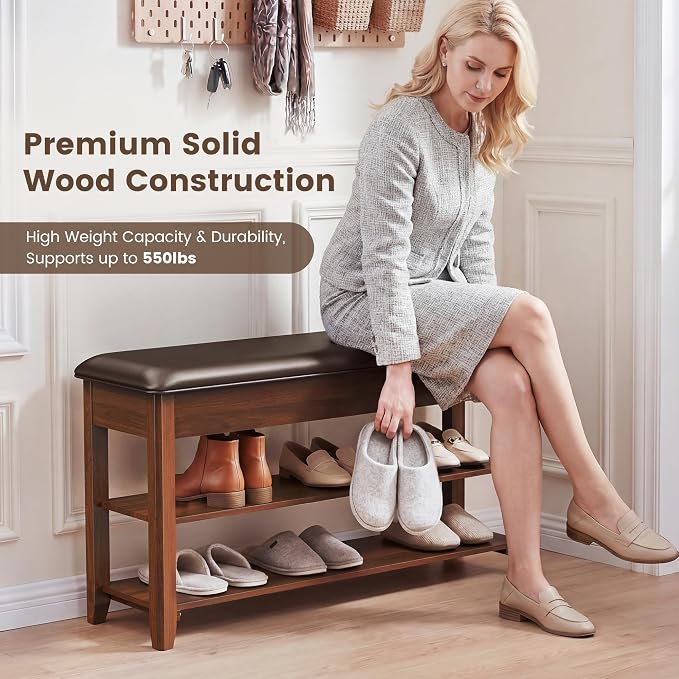 LBT Solid Wood Entryway Shoe Bench with Storage, Adjustable 2-Tier Shoe Rack, Flip-Top Hidden Compartment, Padded Leather Seat, Heavy-Duty 550 lb Capacity for Entryway, Mudroom, Closet 31.5 inch