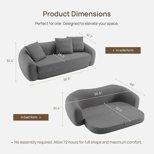 SICOTAS 90.6" Curved Convertible Sofa Couch Bed for Living Room Futon Cloud Boneless Sleeper Sofa Pull Out Floor Couch with Deep Seat 3 Seater Foam Bed No Assembly for Bedroom Apartment, Dark Grey