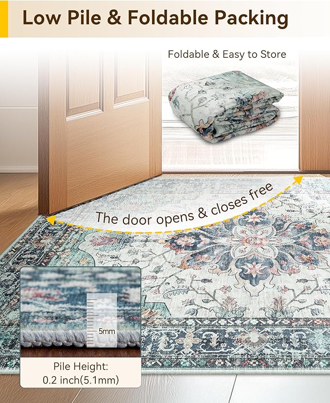 RELEANY Area Rugs Runner 2'6"x8' Washable Non-Slip, Floral Vintage Distress Medallion Carpet for Kitchen Hallway Bedroom Beside Laundry Room Bathroom, Green Navy Blue White Red Teal