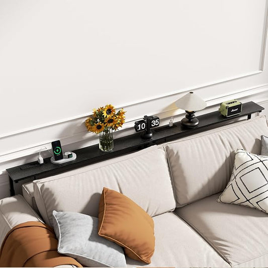 GRLEAF 2 Pack Adjustable Height Narrow Console Table with Power Outlets, 90" Long Sofa Table with Charging Station Behind Couch Table Entryway Table for Living Room and Hallway – Black