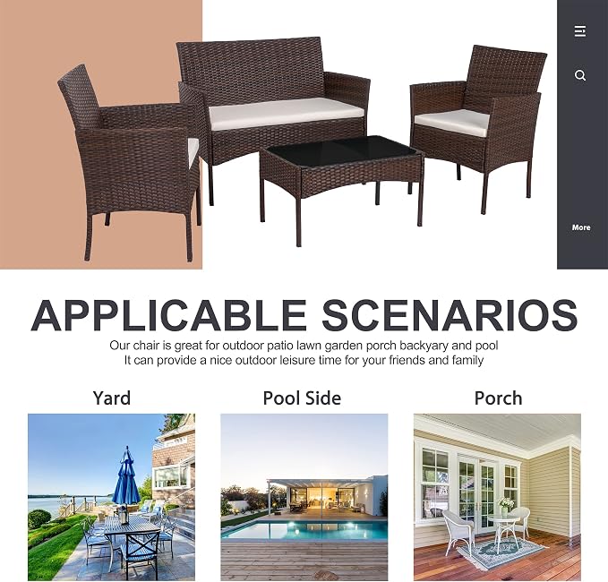 Shintenchi 4 Piece Outdoor Patio Furniture Set, Wicker Rattan Patio Conversation Set, Outdoor Chairs and Loveseat with Coffee Table for Porch, Yard & Poolside (Brown)