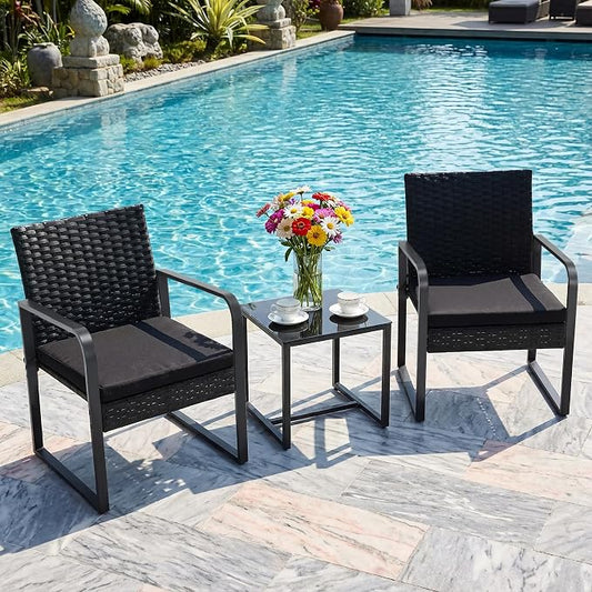Bezseller 3 Piece Outdoor Patio Furniture Set, Patio Bistro Set Wicker Conversation Set, Modern Rattan Chair with Glass Coffee Table for Backyard, Porches, Poolside, Lawn and Balcony