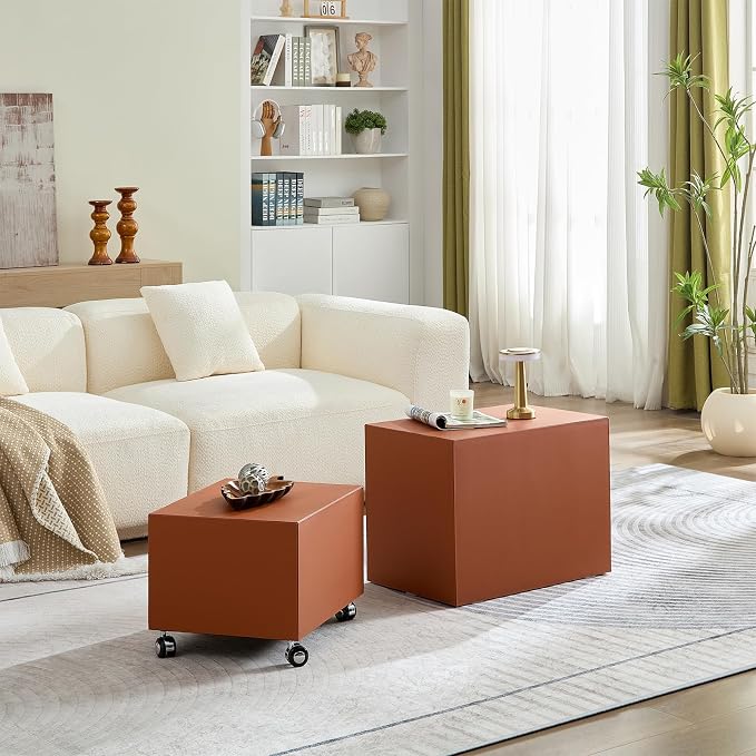 Rolling Modern Coffee Table Set of 2 with Wheels, Leather Square Coffee Table and End Table Sets, Minimalist Center Table, Luxury Wooden Cube Side Table for Living Room Bedroom Apartment,Orange