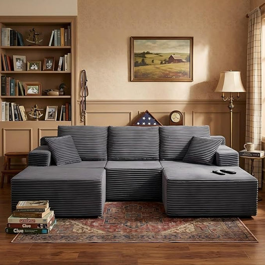 103" Boneless Modular Sectional Sofa Cloud Couch with Ottomans and Pillows, Convertible L/U Shaped Corner Sofa, Full Foam Deep Seat Compressed Couch for Living Room, Apartment