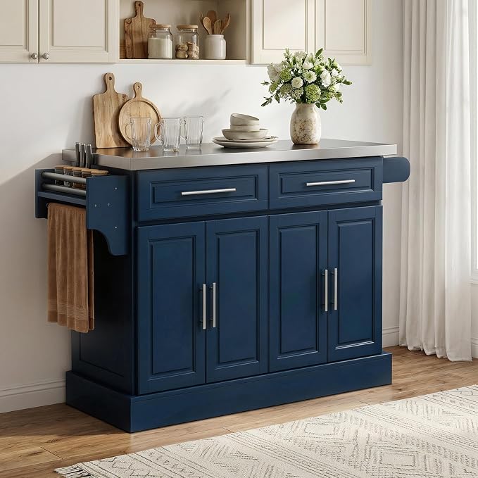 HOMCOM Rolling Kitchen Island Cart with 47" Stainless Steel Top, Portable Island Table for Kitchen with Wheels, Adjustable Shelves, 2 Drawers, Spice, Knife and Towel Rack, Navy Blue