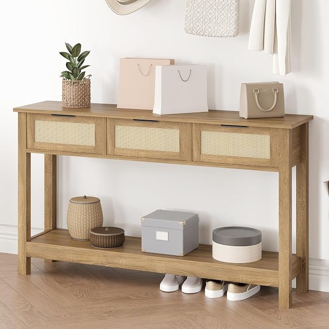 Luoxiao Rattan Console Table 3-Drawer 47" Narrow Wood Entryway Sofa Table | Trendy Boho Hallway Foyer Storage, Open Shelf, Sturdy Entry Table for Living Room, Couch, Easy Assembly, Anti-Tip, Natural