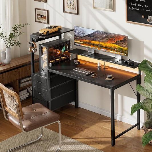 HLDIRECT 44 inch Gaming Desk with 3 Fabric Drawers & Side Hooks-Reversible Home Office Computer Desk with Power Outlets & Led Lights, Gamer Desk Table with Monitor Stand, Black