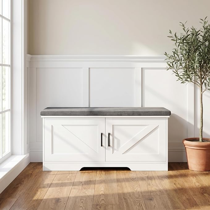 HOMSHO Farmhouse Shoe Storage Bench with 2 Barn Doors & Padded Seat Cushion | 39.4" Wide Entryway Bench with Adjustable Shelves & Hidden Storage, White