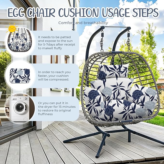Waterproof Egg Chair Cushion Replacement 47x31.5x4.7 inch Thicken Hanging Egg Swing Chair Cushion Indoor Outdoor Wicker Rattan Hammock Basket Cushion with Headrest Pillow, Blue Enchantress