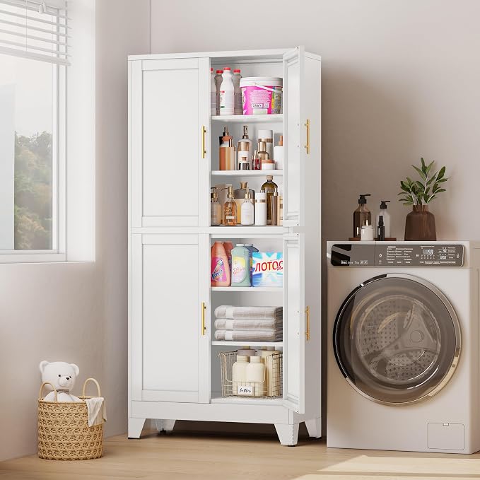 75" Tall Kitchen Pantry Cabinet, White Metal Pantry Storage | Storage Cabinet with Doors and 3 Adjustable Shelves, Steel Storage, Bathroom cabinets Organizer, Cupboard for Home, Office