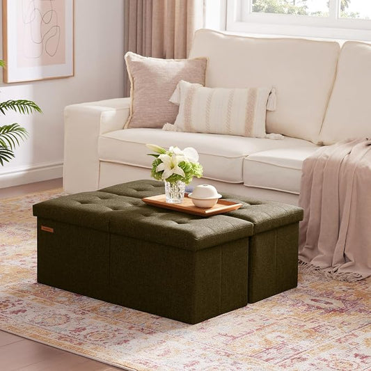 HAUSFRAU 31.5 Inches Ottoman with Storage Bench, Folding Ottoman Bench Small Foot Rest Stool, Bedroom Bench with Flipping Lid, Linen Espresso