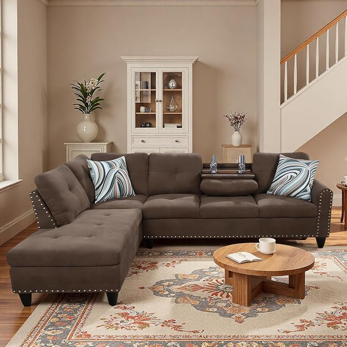L-Shaped Sectional Sofa, Modern 4-Seat Couch with Built-in Cup Holders, Upholstered Fabric Sectional Couch with Left Facing Chaise for Living Room, Apartment, Office, Brown