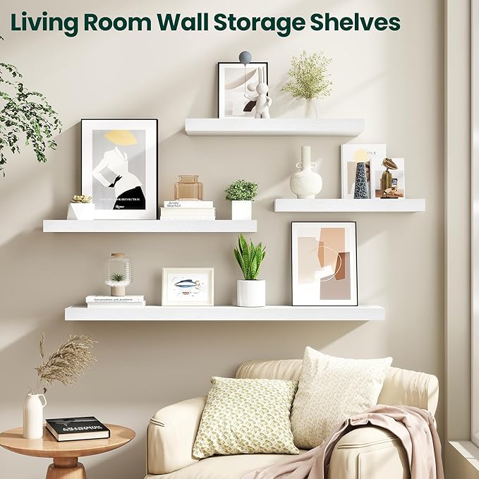 Floating Shelves for Wall 55 in x 9.3 in Deep, Wall Mounted Rustic Wood Shelf with Invisible Brackets for Storage & Display, Living Room Bedroom Bathroom, White, 1 Pack
