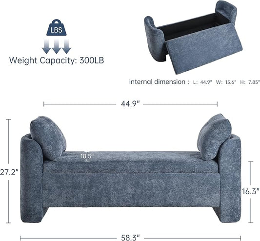 Usaint 58.3" Storage Ottoman Bench with Pillows, Upholstered End of Bed Bench with Arms, Footrest Stool Bench for Bedroom, Living, Window, Entryway and Hallway, Blue