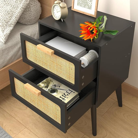 YAUKOMEL Black Nightstand, Wood End Table, Side Table with 2 Hand Made Rattan Decorated Drawers,Boho Bedside Table,Wood Accent Table with Storage for Livingroom, Bedroom, Black CTG59B