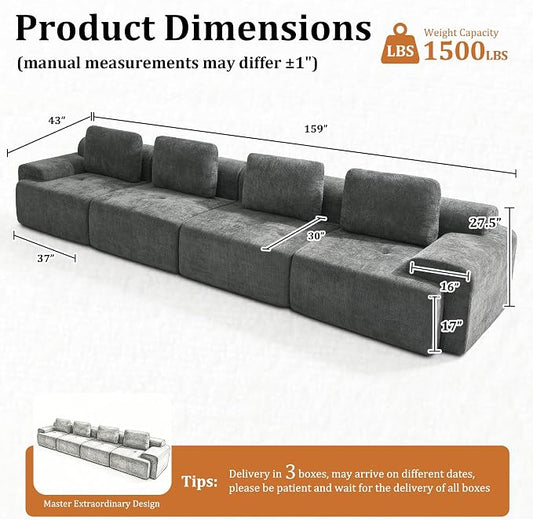 159" Oversized Boneless Couch, Comfort Cloud Sectional Couches for Living Room, Modular Sofa High Back & Extra Deep Seat, No Assembly, Soft Chenille Fabric (Dark Grey, 159 inch-(4+0))