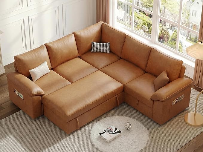 85 Inch Faux Leather Modular Sectional Sofa with Pull Out Bed, L Shaped 5 Seat Sectional Sleeper Sofa with Storage, Sectional Couches for Living Room, Cloud Modular Couch,Brown Leather