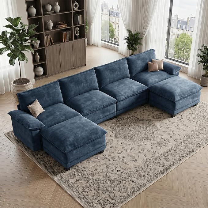 Modern U Shaped Sofa Couches for Living Room, Modular Sectional Cloud Couch with Movable Ottoman, Comfy Chenille Sofa for Apartment and Small Space, Blue