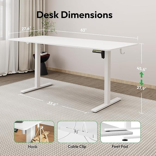 Large Electric Standing Desk,63x28 Inches Adjustable Height Stand up Desk, Sit Stand Home Office Desk, 3 Preset Heights,Equipped with Hooks,Ergonomic Computer Desk Workstation,White