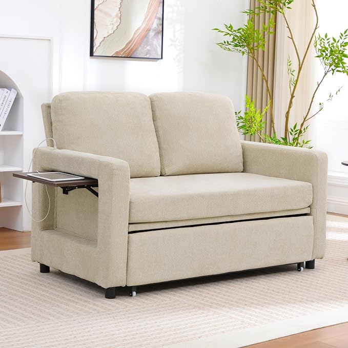 3 in 1 Folding Convertible Sleeper Sofa Bed Pull Out Couch with USB Port Side Pockets Side Table Loveseat Sofa Bed with Adjustable Backrest for Living Room Bedroom Office 66" Lightbrown 2 SEAT