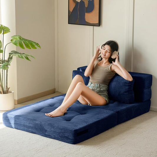 MAXYOYO Convertible Sofa Bed, Fold Out Loveseat Sofa Couch with Pillow, 4 in 1 Tufted Folding Couch Bed Foam Floor Couch, Lazy Chair for Living Room Bedroom Guest Room, Navy