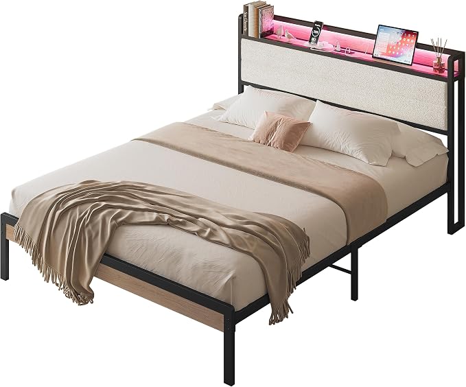 LIKIMIO Queen Bed Frame with Storage Headboard and LED Lights, Metal Platform Bed with Charging Station, Noise Free, No Box Spring Needed, Under Bed Storage, Natural and Cream