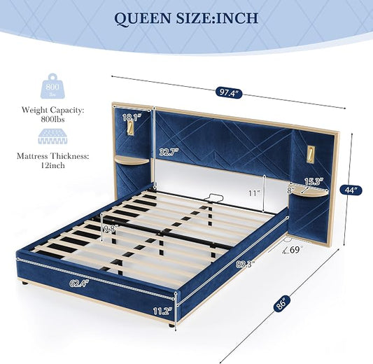 Merax Queen Bed Frame with Wingback Headboard, Luxury Velvet Upholstered Platform Bed Frame King Size with 2 Built-in Led Lights and 2 Floating Storage Shelves for Bedroom, No Box Spring Needed, Blue