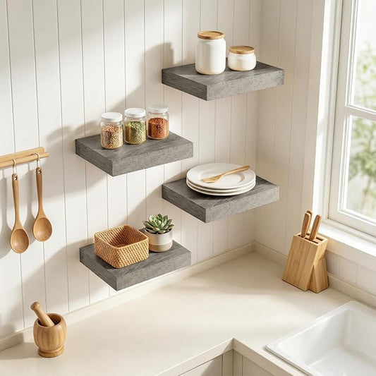 RICHFOCUS 8 Inch Floating Shelves for Wall Small Square Shelves Set for Bedroom|Kitchen|Bathroom|Laundry Room Rustic Wood Wall Mounted Shelf with Invisible Brackets for Books|Storage|Decor, Grey