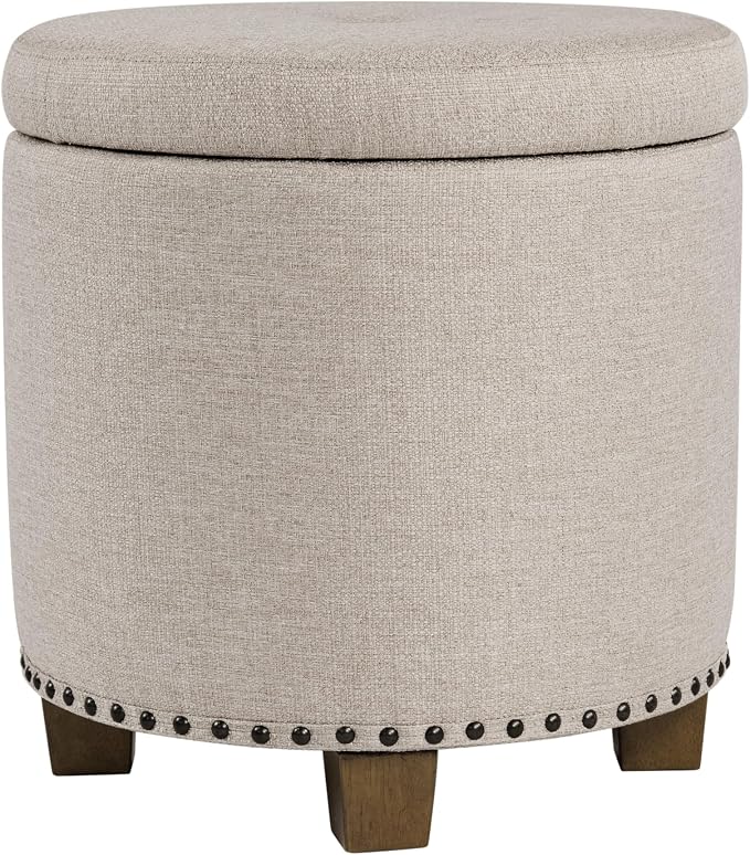 HomePop 18.5" Round Storage Ottoman with Nailheads - Light Brown Fabric