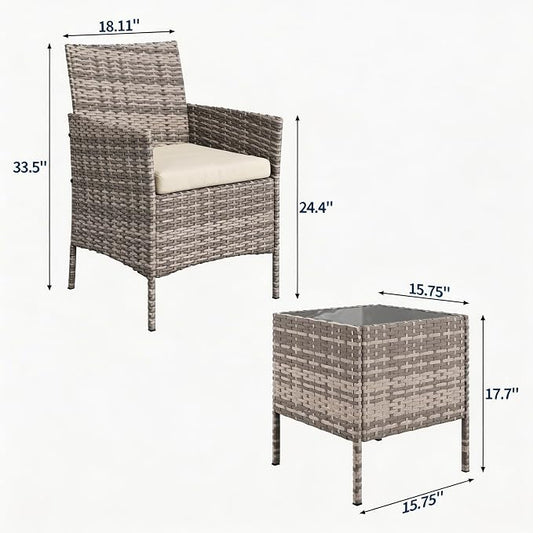 3-Piece Outdoor Furniture Set, PE Rattan Wicker Chairs with Soft Cushions & Tempered Glass Coffee Table - All-Weather Patio Set for Garden, Backyard, Porch, Poolside (Grey/Beige)