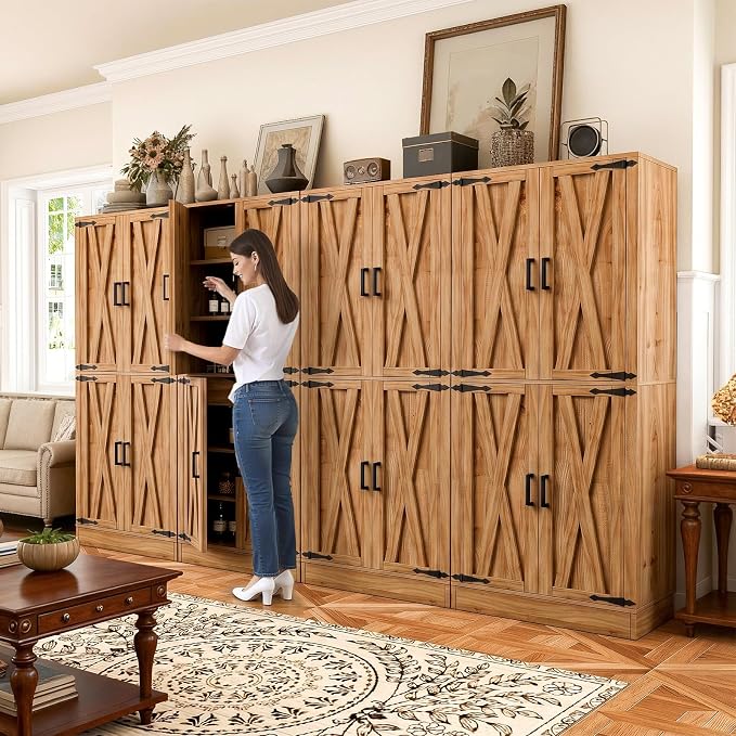 Unikito 71" Pantry Cabinet with Drawer, Farmhouse Barn Doors and Adjustable Shelves, Freestanding Storage Cabinet for Kitchen, Dining Room, Living Room, Utility Room