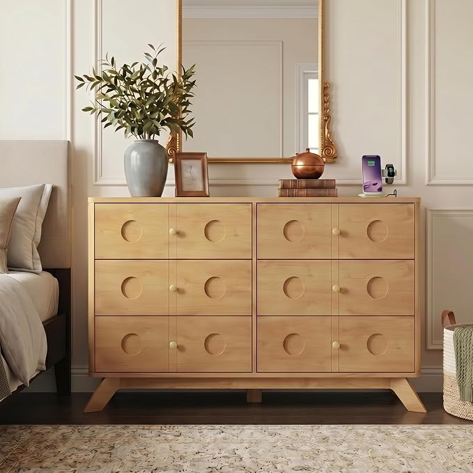 Gyfimoie Dresser for Bedroom with 6 Drawers, 47.2" W Modern Chest of Drawers with Power Outlet, Wooden Dresser TV Stand, Wood Closet Clothes Storage Organizer for Living Room, Hallway, Natural Oak