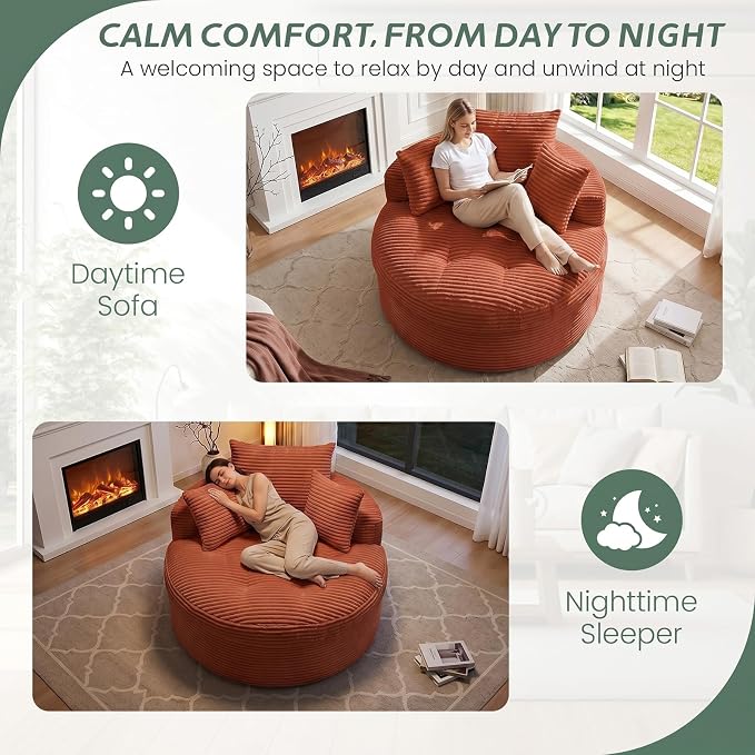 Oversized Round Chaise Lounge Chair, Deep Seat Cloud Boneless Floor Sofa Couch, Upholstered Corduroy Sleeper with 3 Pillows & Optional Ottoman, No Assembly Modern Lazy Floor Lounger for Living Room
