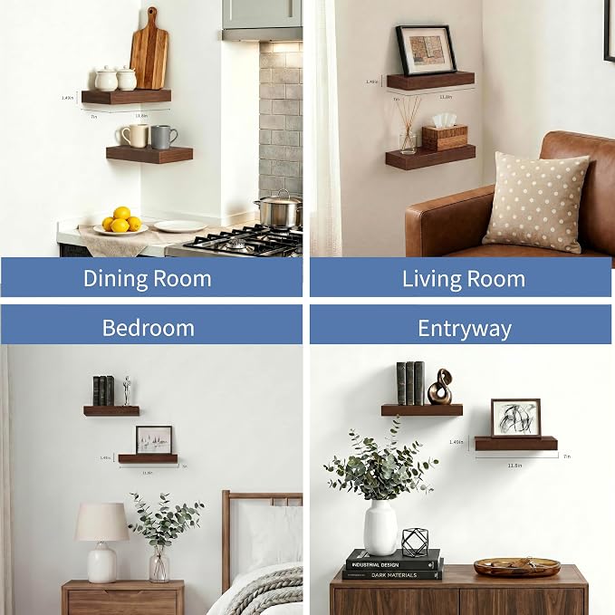 Floating Shelves for Wall, Bathroom Shelves Over Toilet, Wall Shelves & Book Shelf, Hanging Shelf, Modern Wooden Wall-Mounted Small Floating Shelves, 12x7x1.5 in (Walnut-Like, Set of 2)