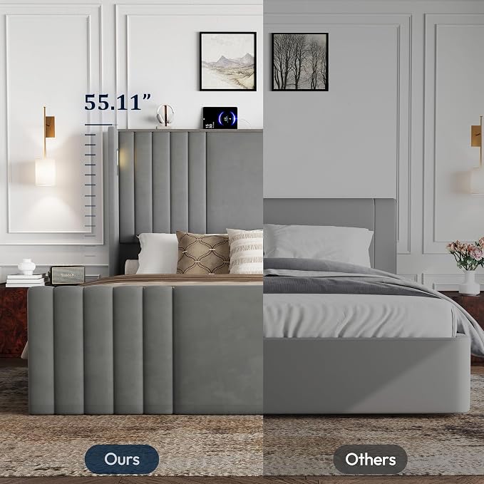 Queen Bed Frame with 55.1" Tall Headboard, Velvet Upholstered Platform Bed with Channel Tufted Wingback, 2 Reading Lights/Storage Shelf/Charging Station/Easy Assembly/Noise-Free, Grey