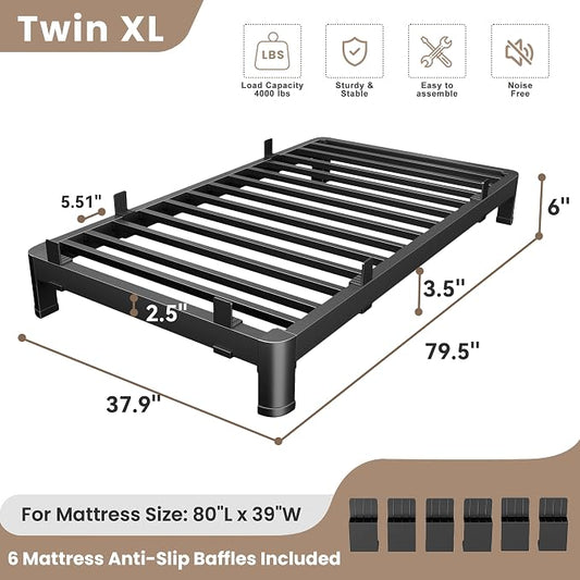 MAF 6 Inch Twin XL Metal Platform Bed Frame with Anti-Collision Round Legs, Black 3500 Lbs Heavy Duty Bed Frame Steel Slats Support, No Box Spring Needed, Easy Assembly
