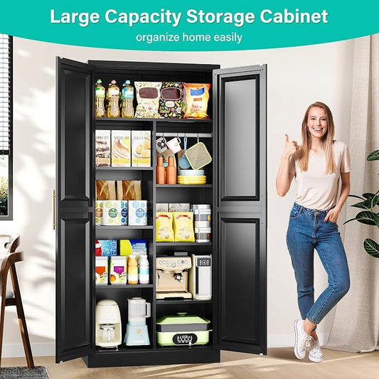 SISESOL 71" Tall Storage Cabinet with 9 Shelves and Hanging Rod,Kitchen Pantry Cabinet with 2 Door,Black Metal Storage Cabinets,Large Cupboard for Home,Kitchen,Laundry,Bathroom