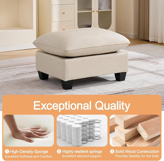 31.5" Faux Leather Large Square Ottoman, Oversized Upholstered Footrest for Living Room, Bedroom, Entryway, Beige
