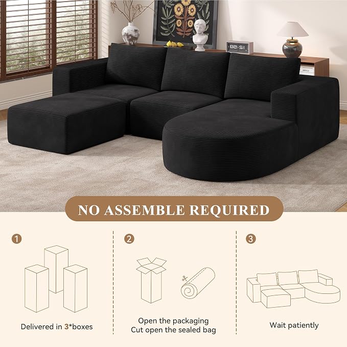Boneless Couches for Living Room with Chaise,104" Modular Sectional Sofa with Convertible Ottoman,Cozy Cloud Couch with U-Shaped,Sponge Compression Sofas in a Box,No Assembly Required(Black) 1pcs