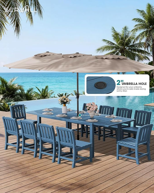 SERWALL Outdoor Patio Dining Set for 8, Blue | 60" - 83" Expandable Outdoor Dining Table and 8 HDPE Chairs, All Weather Material Outdoor Furniture Set Backyard, Garden