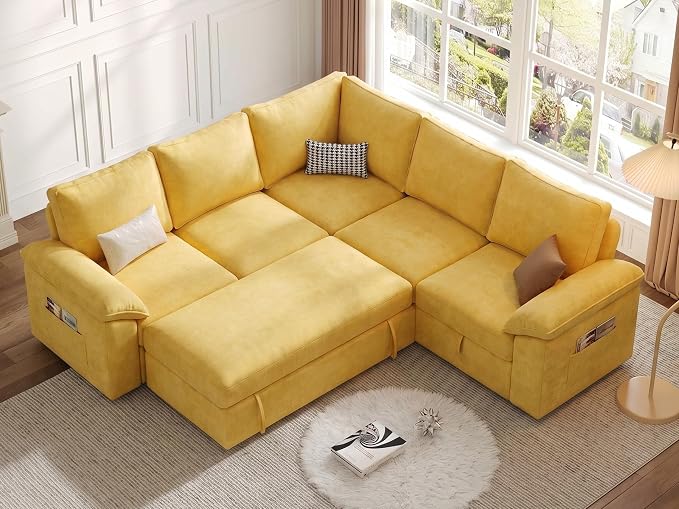 85 Inch Modular Sectional Sofa with Pull Out Bed, L Shaped 5 Seat Sectional Sleeper Sofa with Storage, Sectional Couches for Living Room, Cloud Modular Couch,Removable Sofa Cover,Yellow