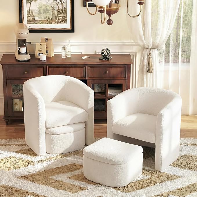 COLAMY Morden Velvet Barrel Accent Chair with Storage Ottoman Set of 2, Upholstered Living Room Side Chair, Single Sofa Armchair with Lounge Seat for Bedroom/Office/Reading Spaces, Cream