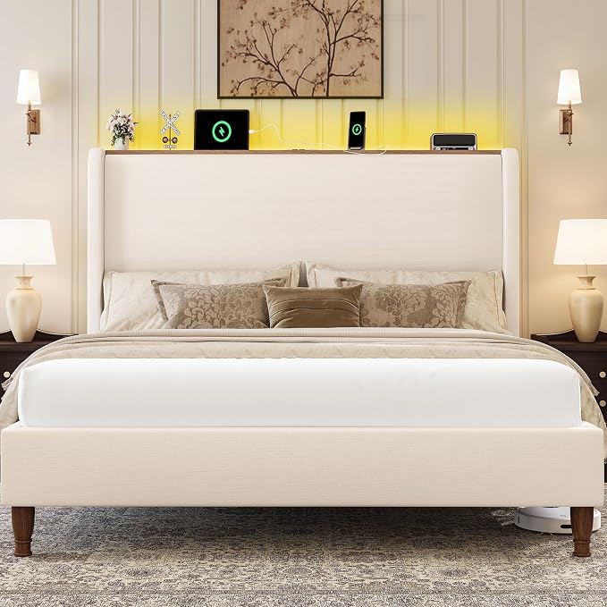 LARMACE Queen Size Bed Frame with LED Lights and Charging Station Linen Upholstered Platform Bed Frame with 51.2" Tall Headboard Wingback and Storage Shelf, No Box Spring Needed, Noise Free, Beige