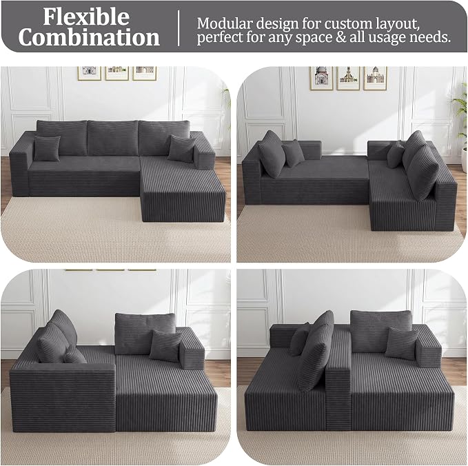 92.5" Modular Sectional Sofa, L-Shaped Cloud Couch with Deep Seats & Chaise, Convertible 4-in-1 Corduroy Boneless Couches for Living Room, Bedroom, No Need Assembly - Grey(Right Facing Chaise)