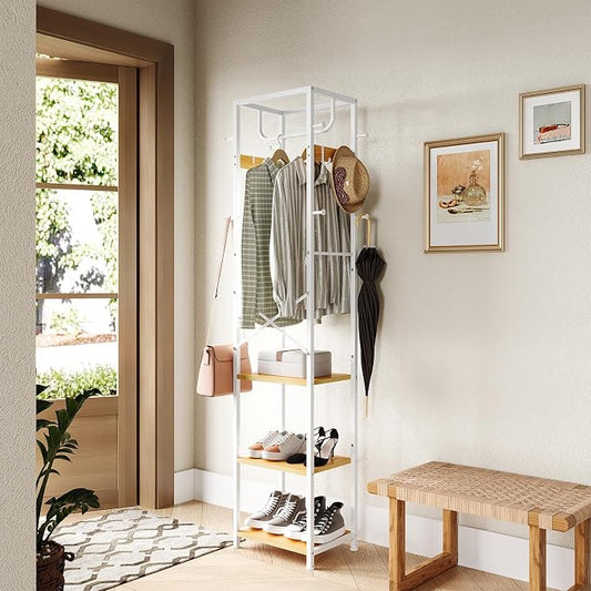 ELYKEN Coat Rack Freestanding, Hall Tree with 3 Storage Shelves and 12 Hooks, Industrial Clothes Rack Stand Organizer for Bedroom, Hallway, Entryway, Office, Living Room