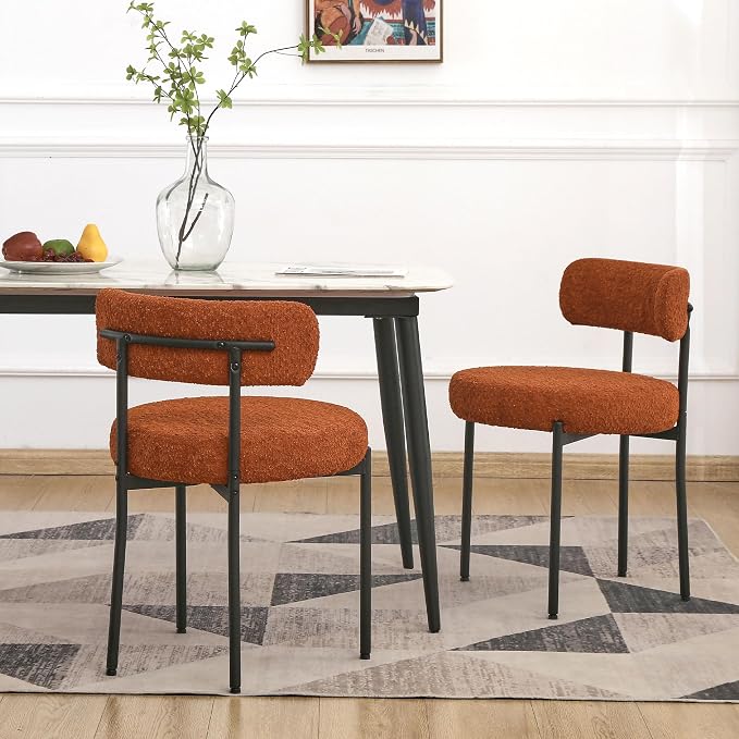 EDWELL Orange Dining Chairs Set of 6, Round Upholstered Dining Room Chairs with Black Metal Legs, Modern Boucle Dining Chairs for Dining Room, Kitchen, Living Room, Capacity 330lbs