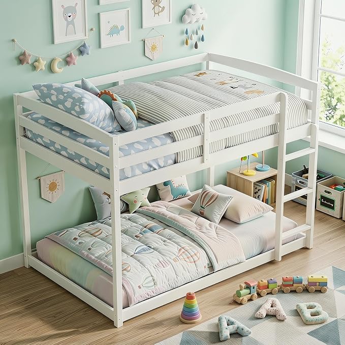 Giantex Full Over Full Bunk Bed, Solid Wood Kids Bunk Bed with Full-Length Guardrails, Integrated Ladder & Anti-Tippling Kits, Low Bunk Beds for Kids, No Box Spring Needed, White