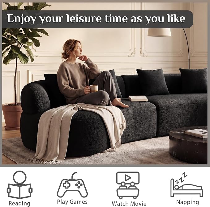 113" Curved Sectional Sofa Modern Cream Cloud Couch Modular Sectional Couches for Living Room Boneless Cloud Sofa Boucle Loveseat Comfy Chenille Deep Seat with 4 Pillows, Black