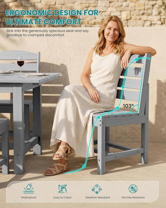 SERWALL Armless Outdoor Dining Chair Set of 2, All Weather Resistant,Light Gray